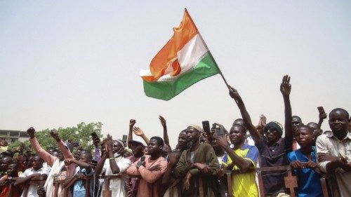 Nigeriens gather in a street to protest against the U.S. military presence, in Niamey, Niger April ...