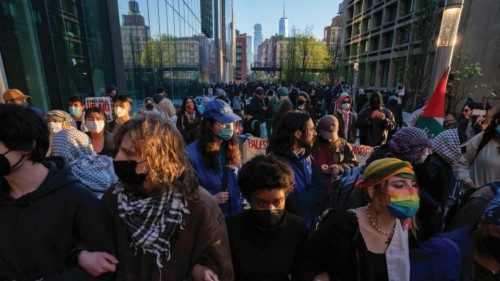 Students and pro-Palestinian supporters occupy a plaza at New York University (NYU) campus, during ...