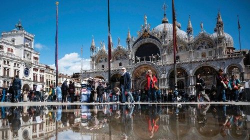 This photograph taken on April 25, 2024, shows a view of San Marco Square with the Basilica ...