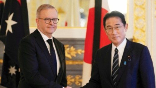 FILE PHOTO: Australian Prime Minister Anthony Albanese, left, poses for a photo with Japanese Prime ... FILE PHOTO: Australian Prime Minister Anthony Albanese, left, poses for a photo with Japanese Prime ...