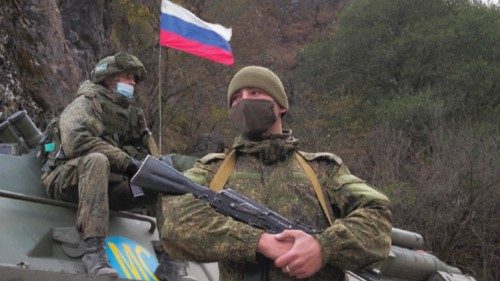 Russian peacekeepers patrol an area near the Dadivank, an Armenian Apostolic Church monastery dating ... Russian peacekeepers patrol an area near the Dadivank, an Armenian Apostolic Church monastery dating ...