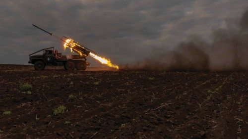 Ukrainian servicemen of the 92nd Assault Brigade fire BM-21 'Grad' multiple rocket launcher toward ...