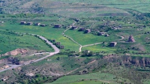 (FILES) A photograph taken on April 26, 2024 near the border with Azerbaijan shows a view of the ...