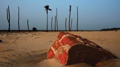 This photograph taken on February 26, 2024 shows the remains of a temple destroyed by the rising sea ... This photograph taken on February 26, 2024 shows the remains of a temple destroyed by the rising sea ...