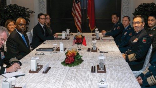 epa11381046 A handout photo released by the US Department of Defense (DoD) shows US Secretary of ...