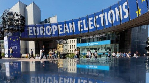 epa11395071 Placards are set up in front European Parliament from where the broadcast of the results ...
