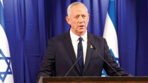TOPSHOT - The chairman of the State Camp and Israeli war cabinet member Benny Gantz, give a ... TOPSHOT - The chairman of the State Camp and Israeli war cabinet member Benny Gantz, give a ...