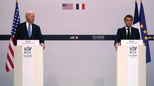 President Joe Biden listens to French President Emmanuel Macron during a joint statement on ... President Joe Biden listens to French President Emmanuel Macron during a joint statement on ...