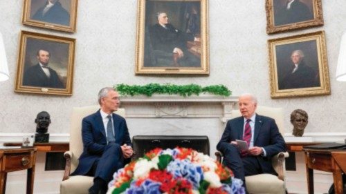 TOPSHOT - US President Joe Biden (R) and NATO Secretary General Jens Stoltenberg hold a meeting in ... TOPSHOT - US President Joe Biden (R) and NATO Secretary General Jens Stoltenberg hold a meeting in ...