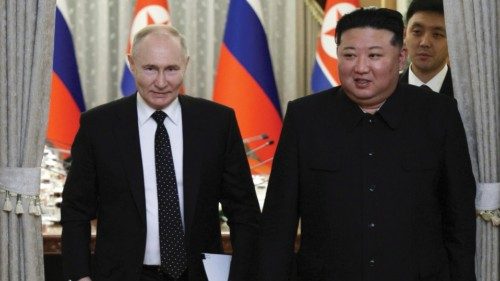 epa11421869 Russian President Vladimir Putin (L) and North Korean leader Kim Jong Un arrive for a ... epa11421869 Russian President Vladimir Putin (L) and North Korean leader Kim Jong Un arrive for a ...
