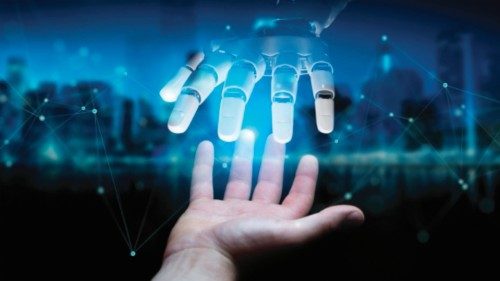 Robot hand making contact with human hand on dark background 3D rendering Robot hand making contact with human hand on dark background 3D rendering