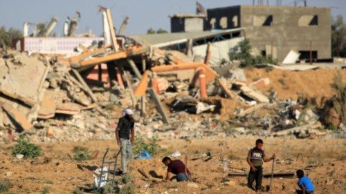 People work in a field next to buildings destroyed during Israeli bombardment, al-Bureij refugee ... People work in a field next to buildings destroyed during Israeli bombardment, al-Bureij refugee ...