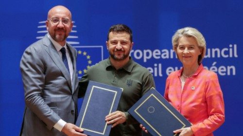 European Council President Charles Michel, Ukraine's President Volodymyr Zelenskiy, and European ...