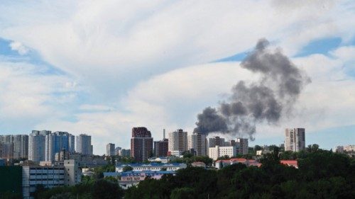 The photograph shows a black smoke over the Ukrainian capital of Kyiv on July 8, 2024, amid Russian ... The photograph shows a black smoke over the Ukrainian capital of Kyiv on July 8, 2024, amid Russian ...