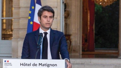 epaselect epa11466050 French Prime Minister Gabriel Attal addresses the media after the announcement ... epaselect epa11466050 French Prime Minister Gabriel Attal addresses the media after the announcement ...