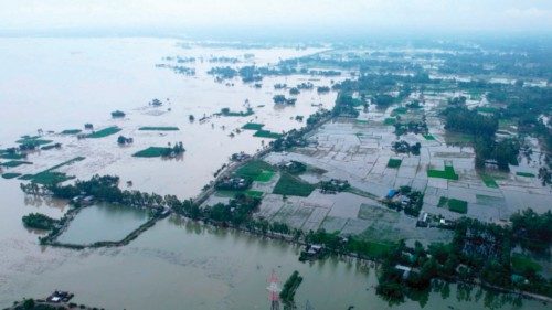 This aerial view shows an area partially submerged in flood at Rangpur district on July 6, 2024. The ... This aerial view shows an area partially submerged in flood at Rangpur district on July 6, 2024. The ...