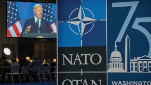 U.S. President Joe Biden is seen speaking on a screem in the press media center during NATO's 75th ... U.S. President Joe Biden is seen speaking on a screem in the press media center during NATO's 75th ...