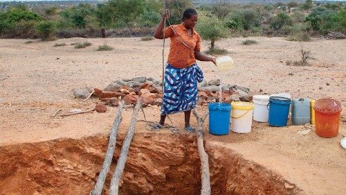 A woman pours a trickle of water into a bucket after drawing water at a village well, which has very ...