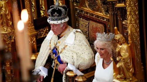 King Charles III, wearing the Imperial State Crown and the Robe of State, reads the King's Speech, ... King Charles III, wearing the Imperial State Crown and the Robe of State, reads the King's Speech, ...