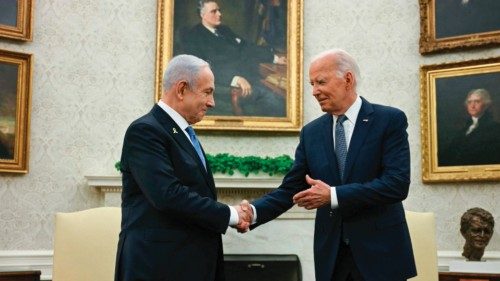 US President Joe Biden (R) shakes hands with Israeli Prime Minister Benjamin Netanyahu during a ... US President Joe Biden (R) shakes hands with Israeli Prime Minister Benjamin Netanyahu during a ...