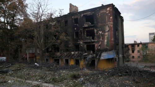This photograph shows multi-apartment buildings destroyed by shelling in the town of Toretsk, ... This photograph shows multi-apartment buildings destroyed by shelling in the town of Toretsk, ...
