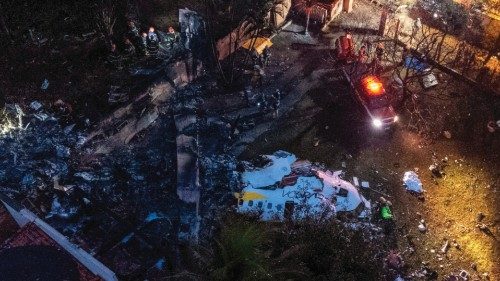 Aerial view of the wreckage of an airplane that crashed with 61 people on board in Vinhedo, Sao ...