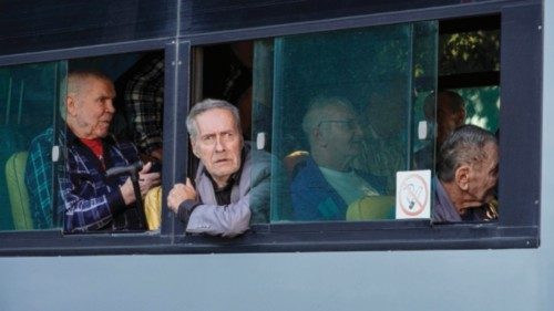 epa11553421 Civilians, evacuated from the Kursk Region border, sit on a bus as they arrive to the ... epa11553421 Civilians, evacuated from the Kursk Region border, sit on a bus as they arrive to the ...