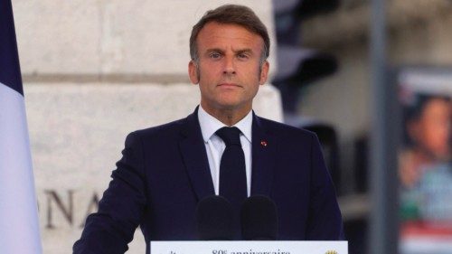 TOPSHOT - French President Emmanuel Macron delivers a speech during a ceremony commemorating the ...