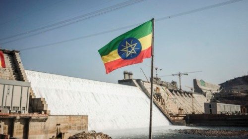 (FILES) This general view shows an Ethiopian national flag flying infront of the Grand Ethiopian ... (FILES) This general view shows an Ethiopian national flag flying infront of the Grand Ethiopian ...
