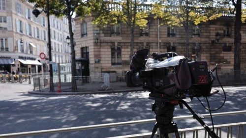 A camera is displayed outside the Elysee Presidential Palace in Paris on September 2, 2024. French ...