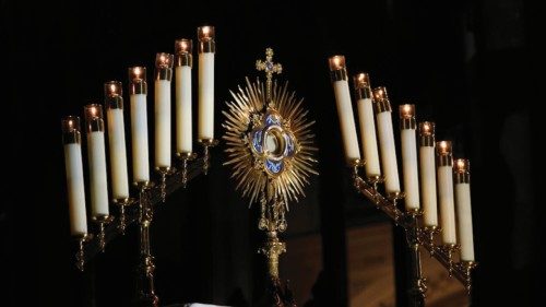 A monstrance containing the Blessed Sacrament is displayed on the altar during a Holy Hour at St. ... A monstrance containing the Blessed Sacrament is displayed on the altar during a Holy Hour at St. ...