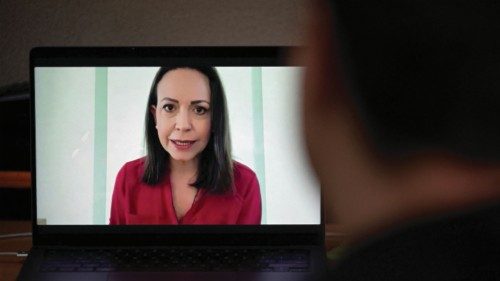 Venezuela's opposition leader Maria Corina Machado is seen on a laptop screen during a virtual press ... Venezuela's opposition leader Maria Corina Machado is seen on a laptop screen during a virtual press ...