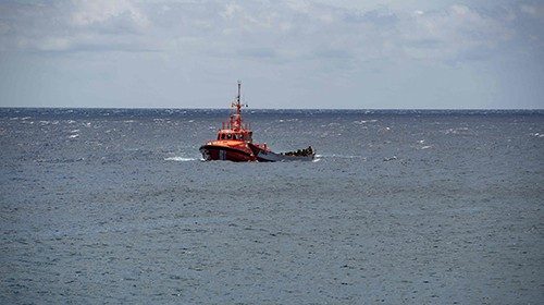 Spanish Salvamento Maritimo (Sea Search and Rescue agency) vessel escorts a 'cayuco' boat with 81 ... Spanish Salvamento Maritimo (Sea Search and Rescue agency) vessel escorts a 'cayuco' boat with 81 ...