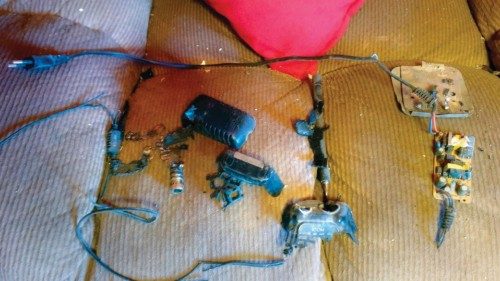 This picture shows on September 18, 2024 the remains of an exploded radio device inside a house in ... This picture shows on September 18, 2024 the remains of an exploded radio device inside a house in ...