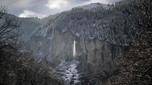 (FILES) This photograph taken on January 9, 2024 shows the Staubbach Falls seen from the mountain ... (FILES) This photograph taken on January 9, 2024 shows the Staubbach Falls seen from the mountain ...