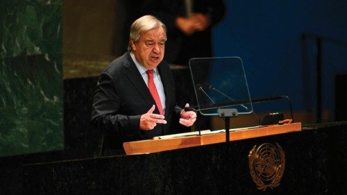 TOPSHOT - United Nations Secretary-General Antonio Guterres speaks during the 79th Session of the ...