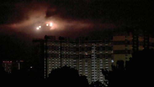 Drones explode as they are being destroyed by Ukrainian air defence during mass night strike to ...