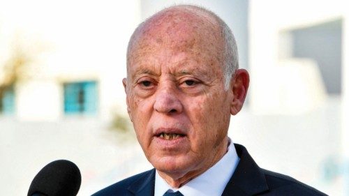 (FILES) Tunisia's President Kais Saied speaks to reporters after voting in the 2023 local elections ... (FILES) Tunisia's President Kais Saied speaks to reporters after voting in the 2023 local elections ...