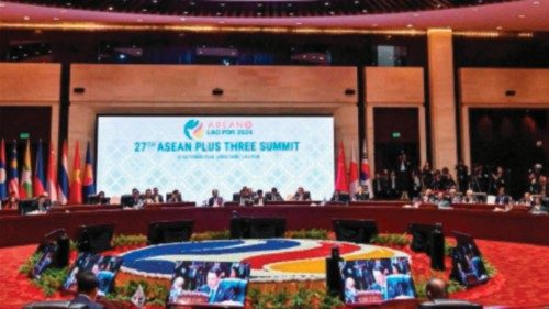 A general view shows attendees taking part in the 27th ASEAN Plus Three Summit during the 44th and ... A general view shows attendees taking part in the 27th ASEAN Plus Three Summit during the 44th and ...