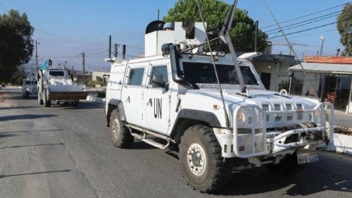 UN peacekeepers (UNIFIL) vehicles drive in Marjayoun, near the border with Israel, amid ongoing ...