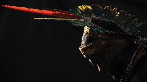 An indigenous man from the Pataxo tribe is seen at the Terra Livre Indigenous camp in Brasilia on ... An indigenous man from the Pataxo tribe is seen at the Terra Livre Indigenous camp in Brasilia on ...