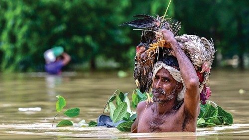 A man carrying his livestock wades through flood waters in Feni, in south-eastern Bangladesh, on ... A man carrying his livestock wades through flood waters in Feni, in south-eastern Bangladesh, on ...