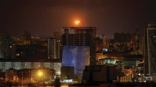 An explosion of a drone is seen in the sky over the city during a Russian drone strike, amid ... An explosion of a drone is seen in the sky over the city during a Russian drone strike, amid ...