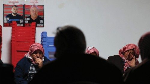 Relatives and friends of Bedouin Arab hostages Youssef al-Zayadna and his son Hamza, gather at the ... Relatives and friends of Bedouin Arab hostages Youssef al-Zayadna and his son Hamza, gather at the ...