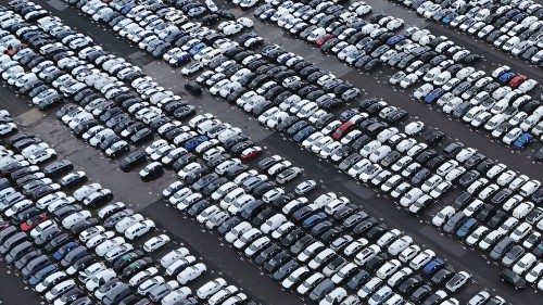 Aerial view shows new cars of various brands that are parked ready for sale at a car logistics ... Aerial view shows new cars of various brands that are parked ready for sale at a car logistics ...