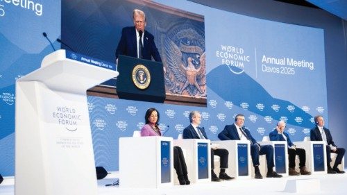 epa11847803 US President Donald J. Trump appears on a screen as he addresses via videolink a plenary ... epa11847803 US President Donald J. Trump appears on a screen as he addresses via videolink a plenary ...