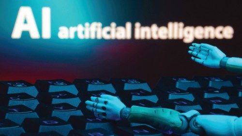 A message reading 'AI artificial intelligence', a keyboard, and robot hands are seen in this ... A message reading 'AI artificial intelligence', a keyboard, and robot hands are seen in this ...