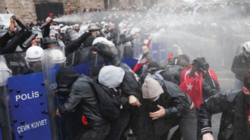 Police officers spray as they clash with demonstrators during a protest on the day Istanbul Mayor ... Police officers spray as they clash with demonstrators during a protest on the day Istanbul Mayor ...