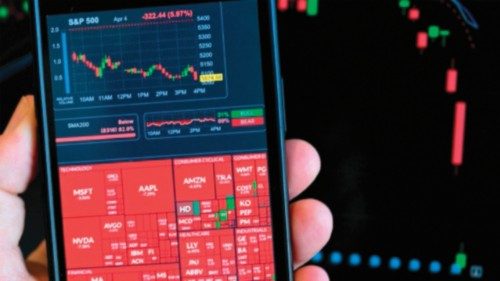 This photograph taken on April 7, 2025 shows stock chart and index displayed on a smartphone in ... This photograph taken on April 7, 2025 shows stock chart and index displayed on a smartphone in ...