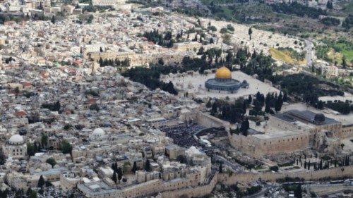 A drone view of Al-Aqsa compound, also known to Jews as Temple Mount, as Jewish worshippers pray ...